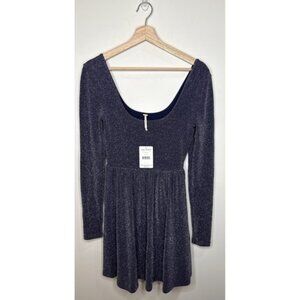 Free People Dress Small Blue Sparkle Skater Mini Disco Party Fairy Stretch S NEW